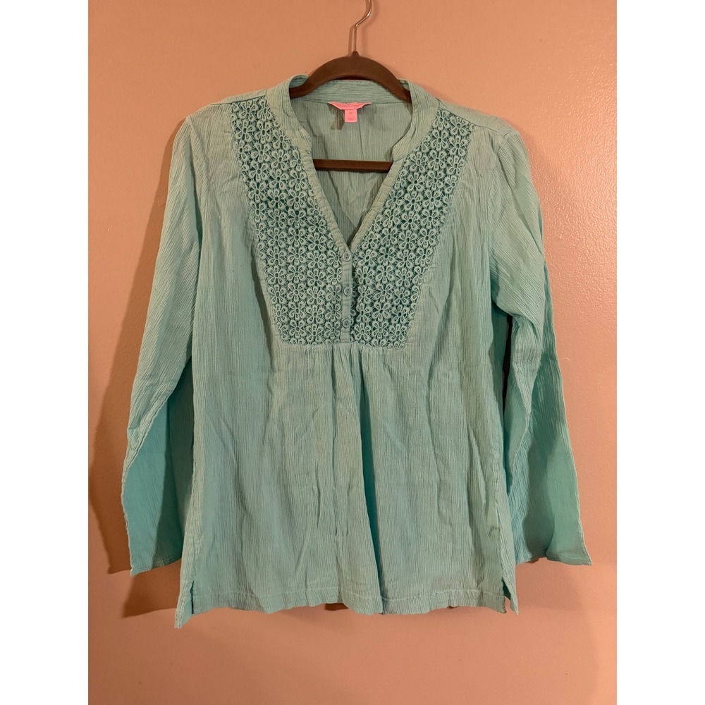 Lilly Pulitzer Aqua Blue Cotton Crinkle Lace Bib Tunic Top Long Sleeve Medium